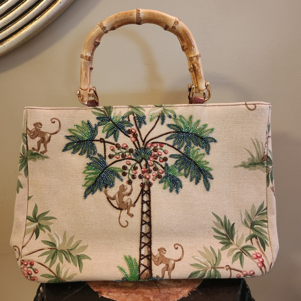 Isabella Fiore Beaded Tropical Print Monkey and Palm Tree Handbag Bamboo Handles